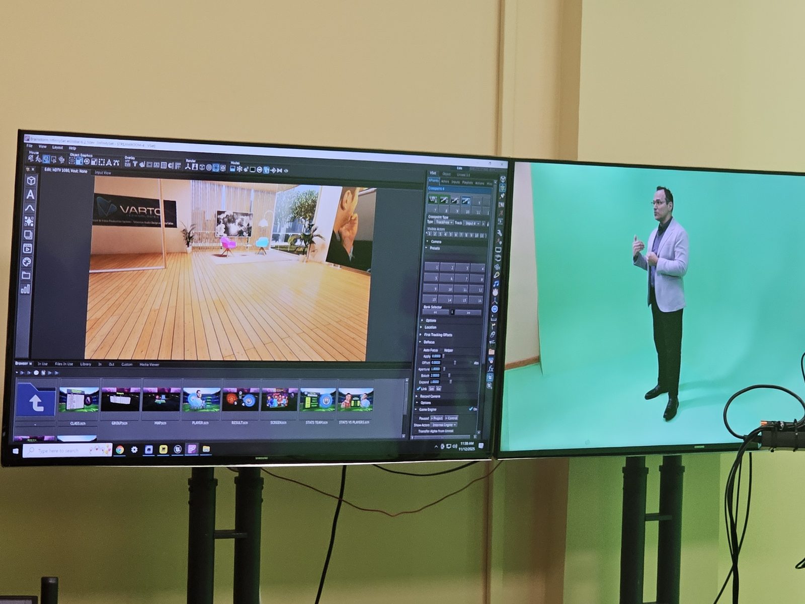 Two monitors at the demo day: a virtual set on the left and the keyed presenter on the right, beside a studio camera