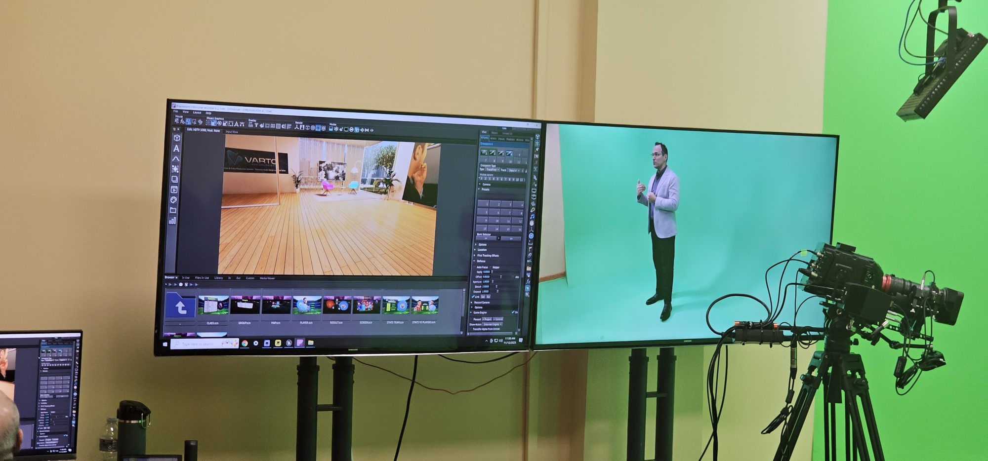 Two monitors at the demo day: a virtual set on the left and the keyed presenter on the right, beside a studio camera