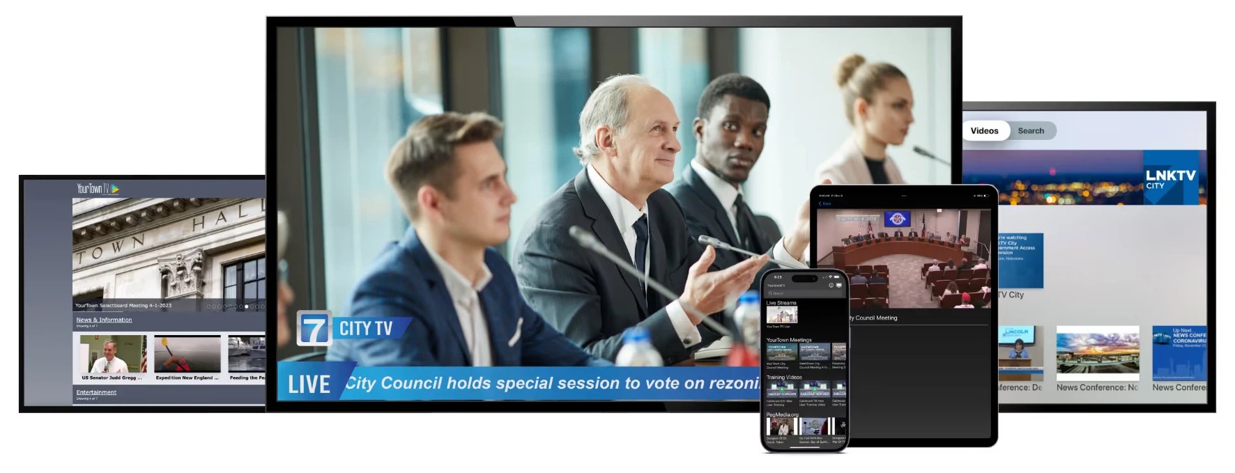 Cablecast interface scheduling a city council meeting, shown with the same program on a TV, laptop and phone