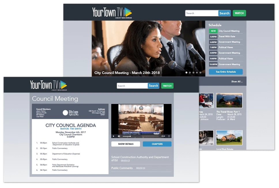 Branded municipal video-on-demand site listing council meetings with agenda links