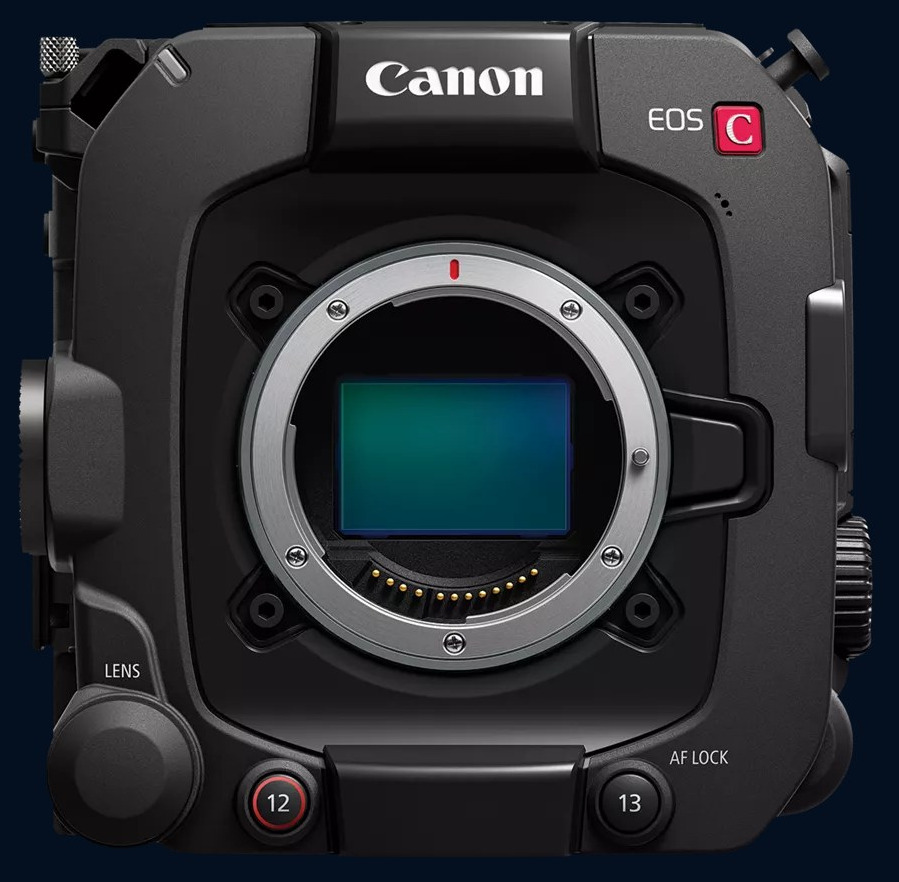 Canon EOS C400 cinema camera body, front view with an open lens mount