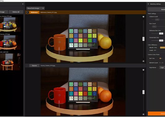 Canon Camera Color Matching application comparing two views of the same colour chart and still life, before and after matching