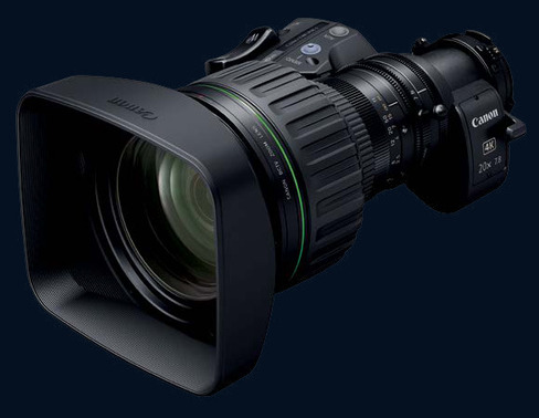 Canon 2/3-inch portable broadcast zoom lens with its sunshade, side view