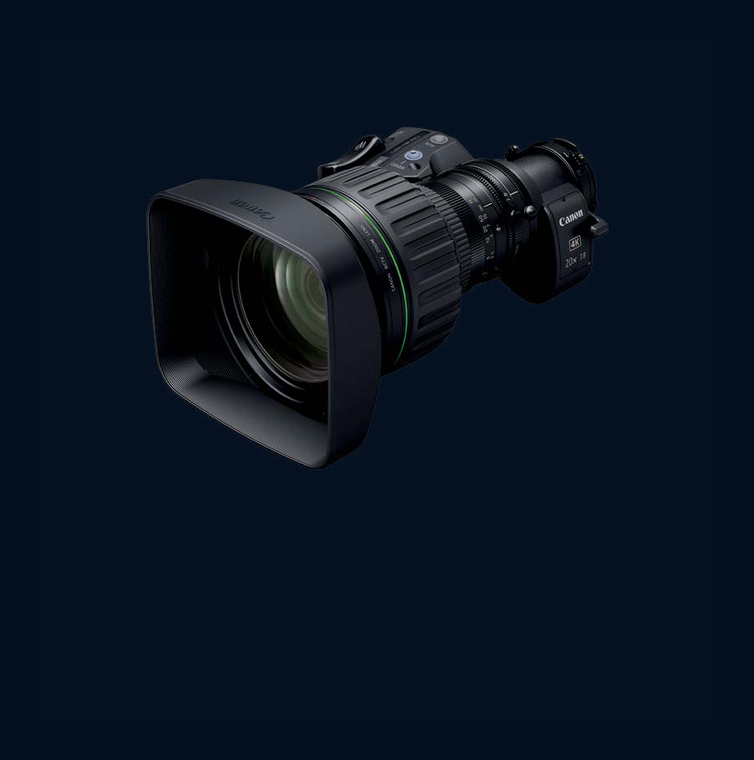 Canon 2/3-inch portable broadcast zoom lens with its sunshade, side view