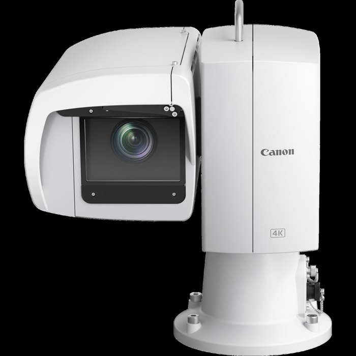Canon CR-X500 outdoor PTZ camera in white, front view of its weatherproof housing