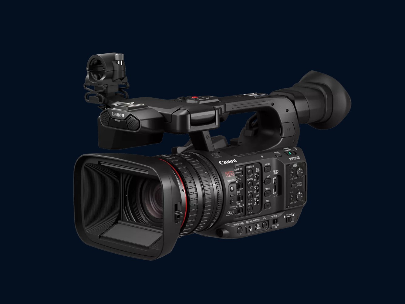 Canon XF605 camcorder, front three-quarter view with its lens hood and top handle