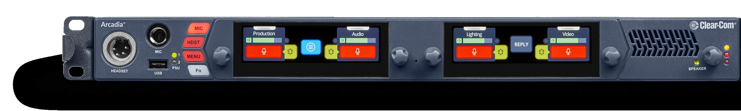 Clear-Com Arcadia Central Station front panel, one rack unit, with headset and USB connectors, four color channel displays and a reply key