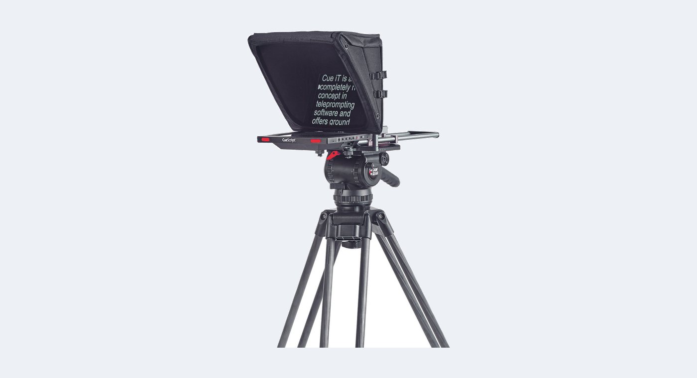 A CueScript CSF lightweight field prompter assembled on a tripod