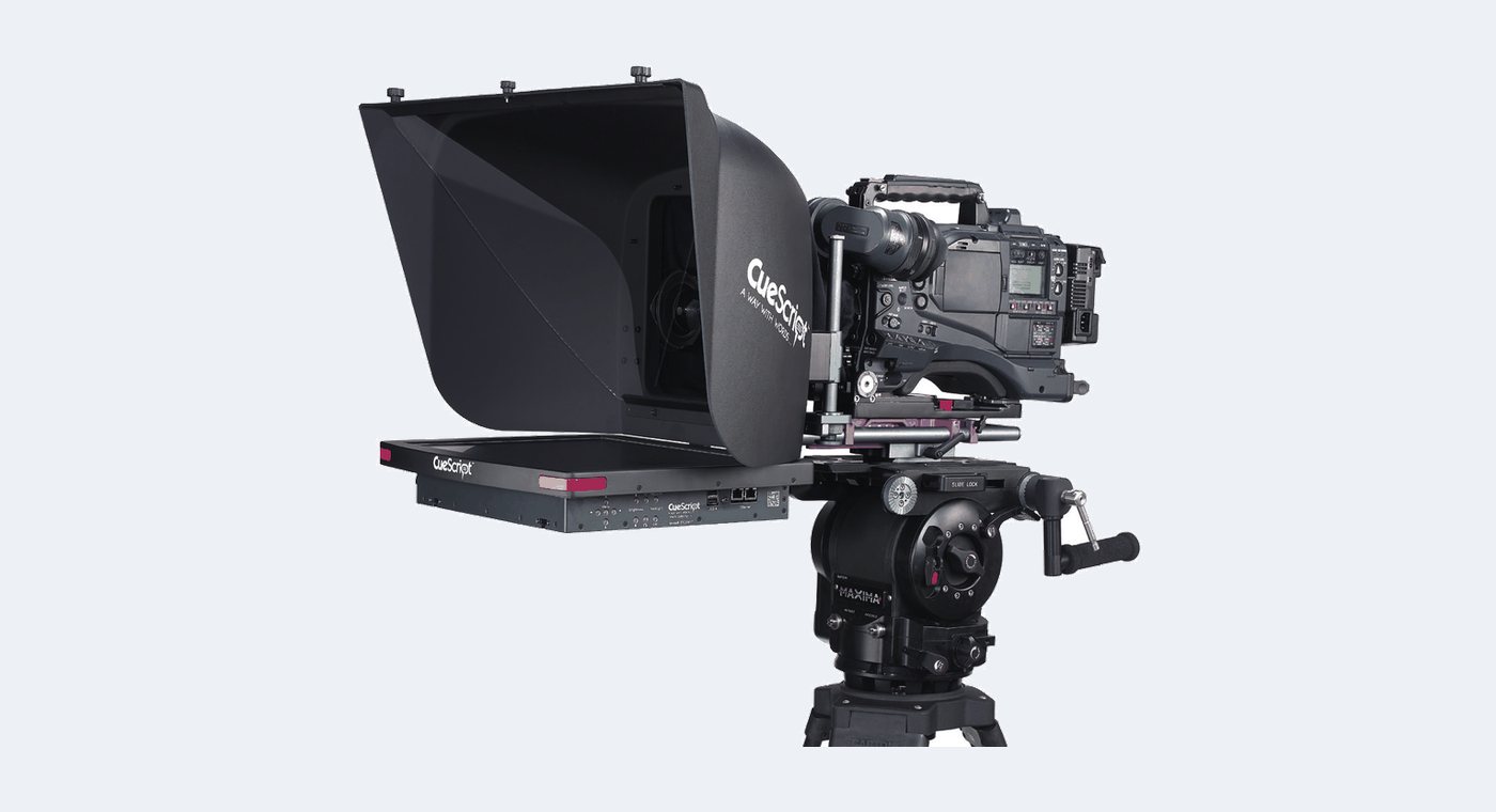 A CueScript prompter hood and CSMV2 monitor mounted on a studio camera