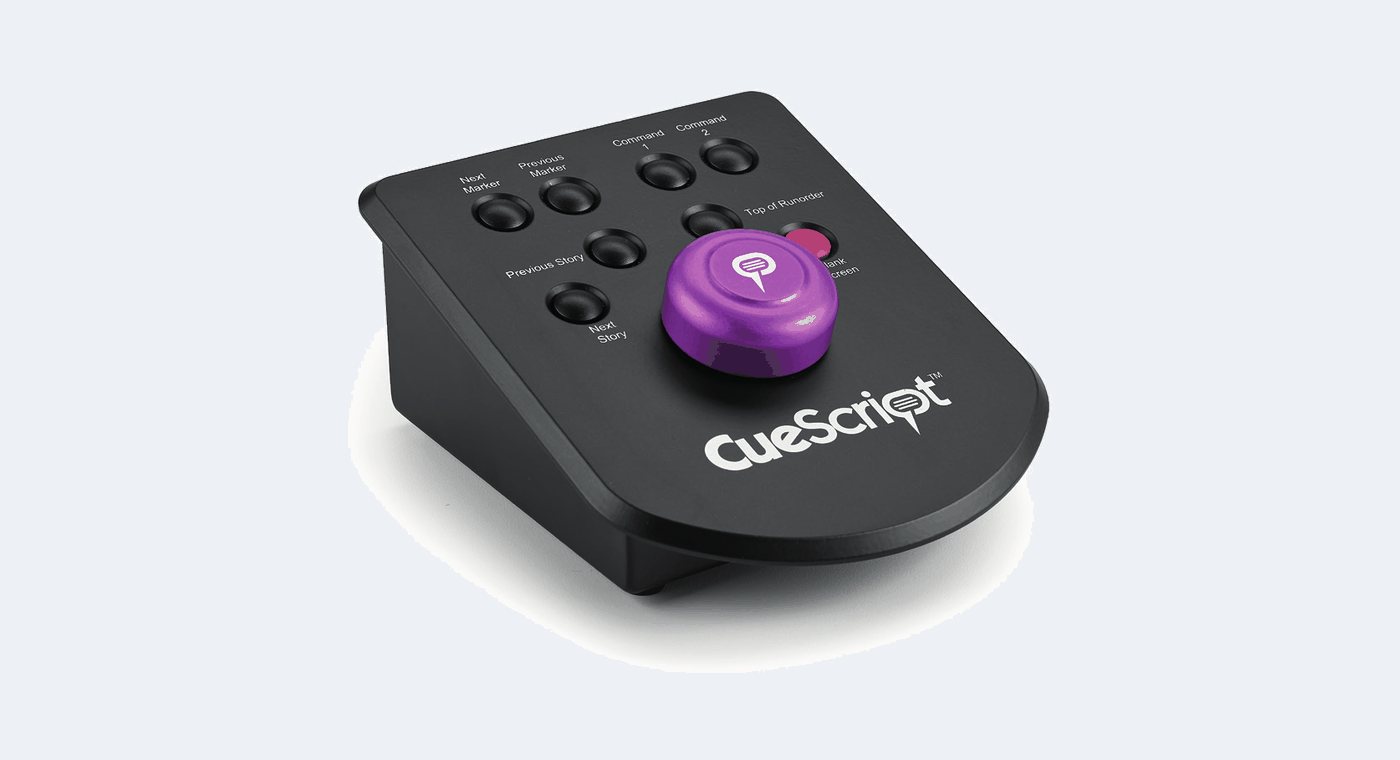A CueScript CSSC desktop scroll control with a purple scroll wheel and labeled buttons
