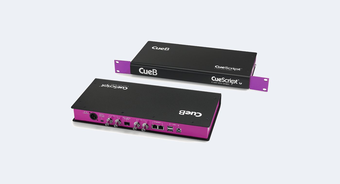 A CueScript CueB interface unit shown rackmounted and standalone with its rear panel