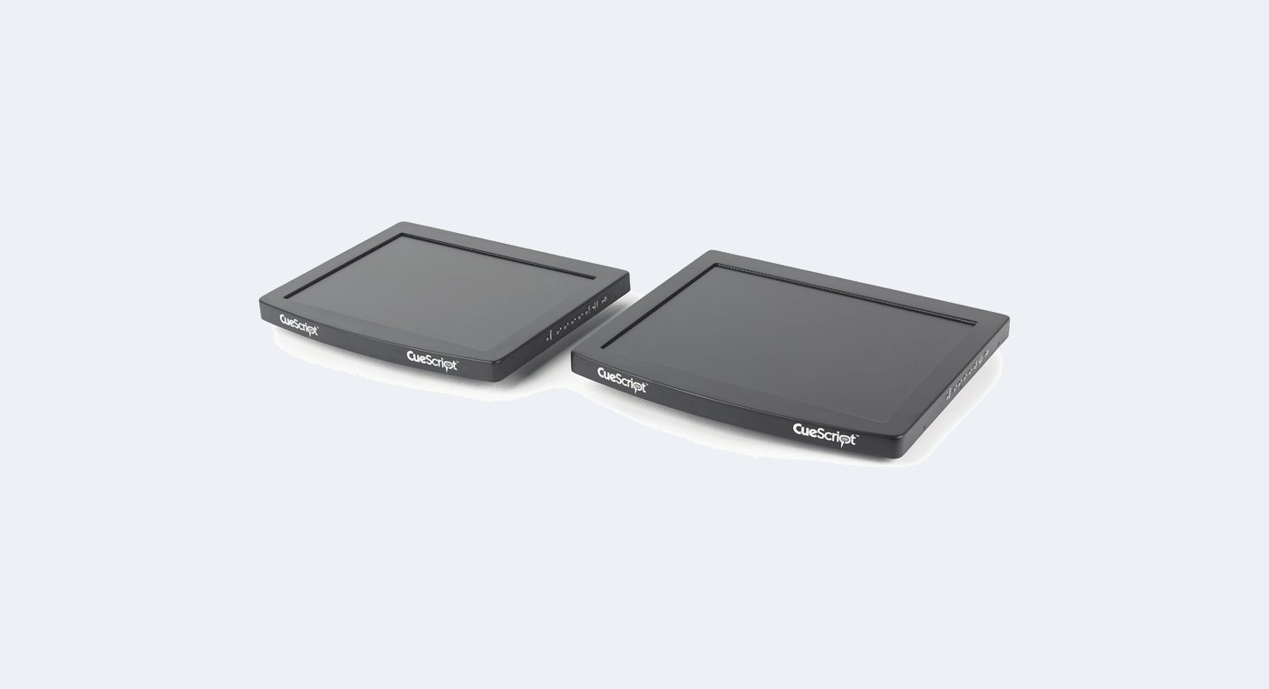 Two CueScript EMC prompter monitors photographed flat on a white background