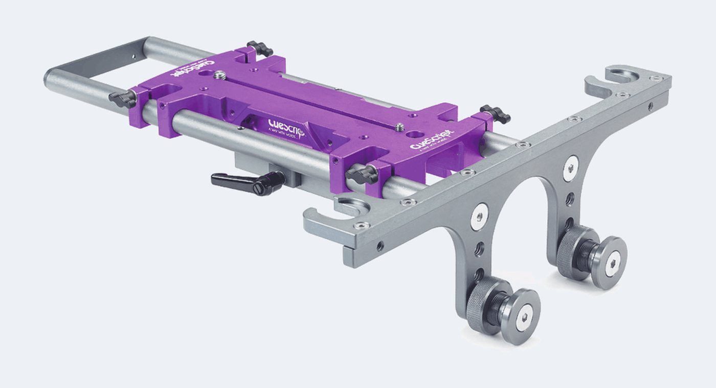 A CueScript Mount Purple plate and telescopic riser rails, the hardware that carries the prompter monitor and sets its balance