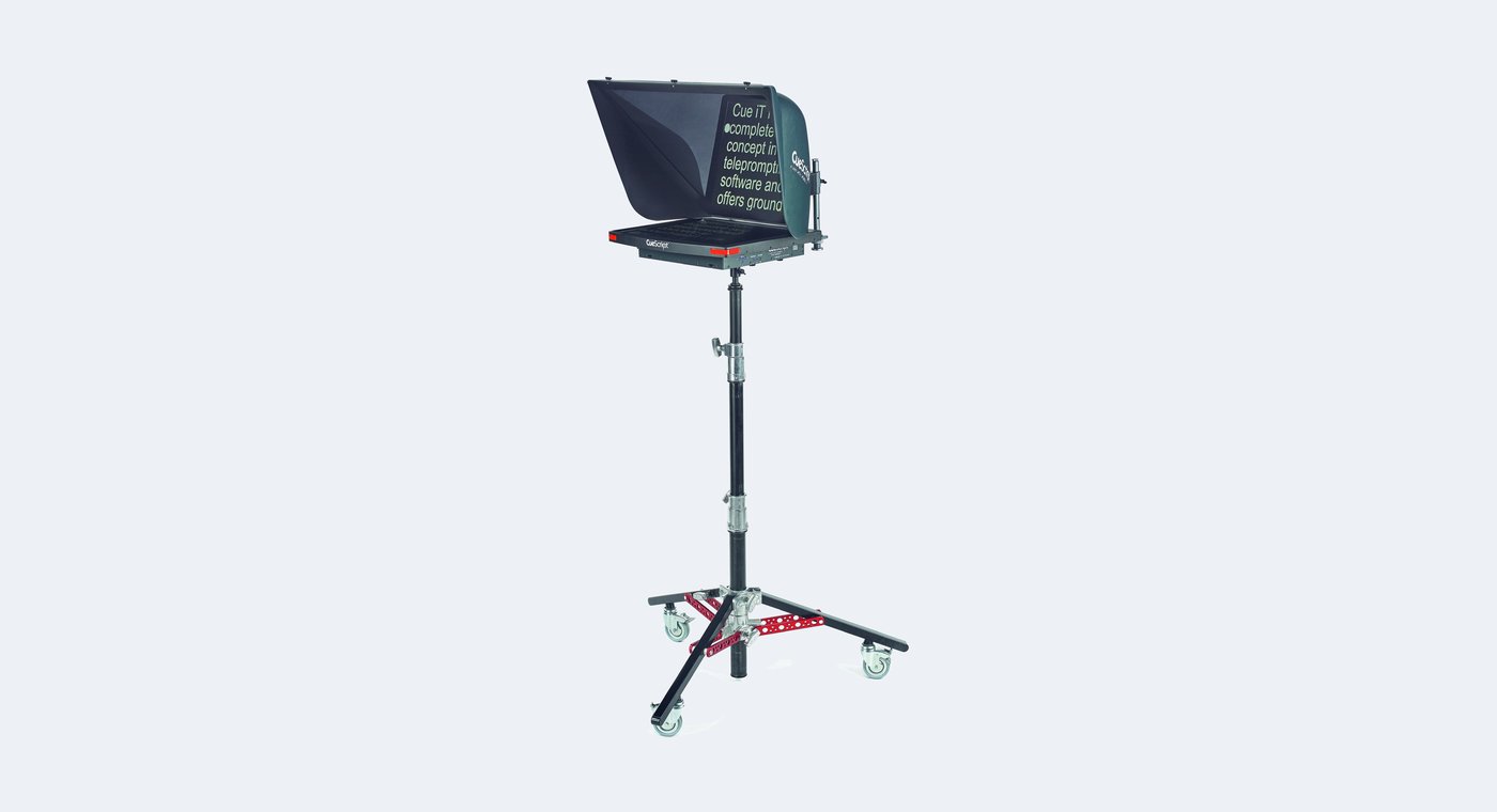 A CueScript CSRA roll around stand carrying a full prompter hood and monitor on a wheeled base