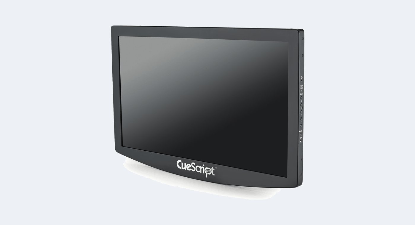 A CueScript talent monitor, a curved panel that faces the presenter, shown with its screen off