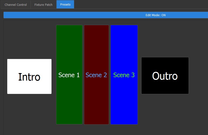 Ikan Light Deck presets tab with an intro look, three colored scenes and an outro look