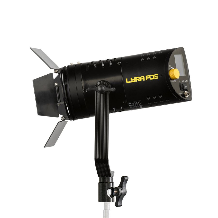 Ikan Lyra PoE Fresnel with barn doors on a stand