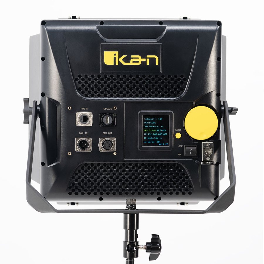 Ikan Lyra PoE 1x1 panel, rear view with its screen, control knob and network connector