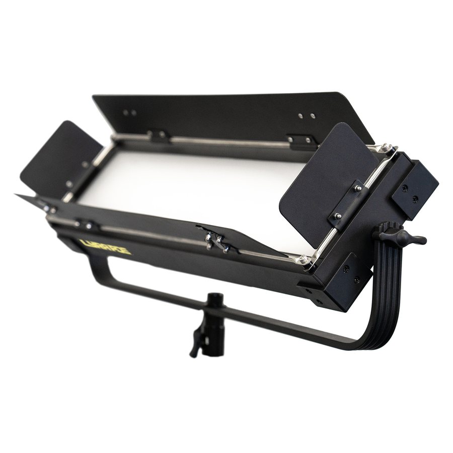 Ikan Lyra PoE low-profile panel with barn doors on a stand