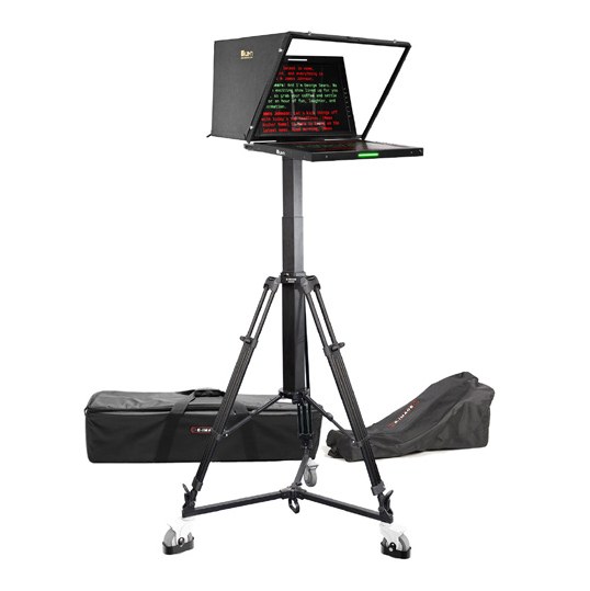 Ikan Aura prompter on a studio pedestal column with its carrying bags