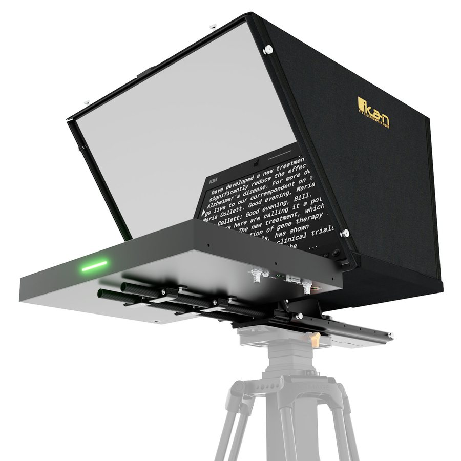 Ikan Aura 19-inch teleprompter with the hood open, script text reflected on the glass and a green tally light