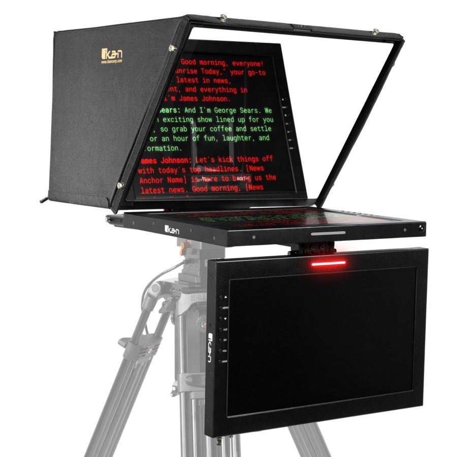 Ikan Aura Professional 19-inch teleprompter with a talent monitor mounted under the glass and a red tally light