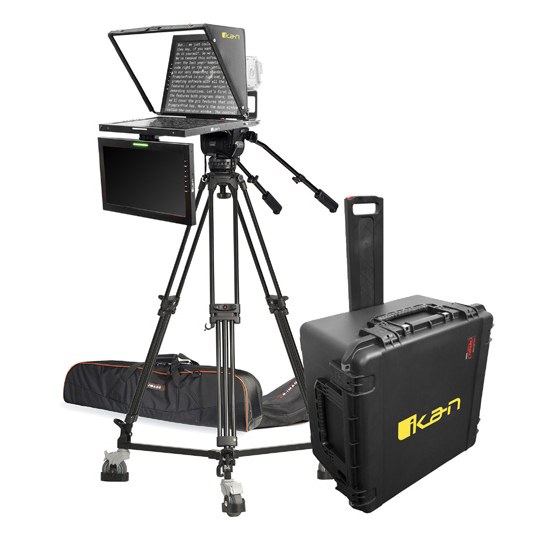 Ikan Aura prompter and talent monitor on a heavy-duty tripod with its travel case and padded bag