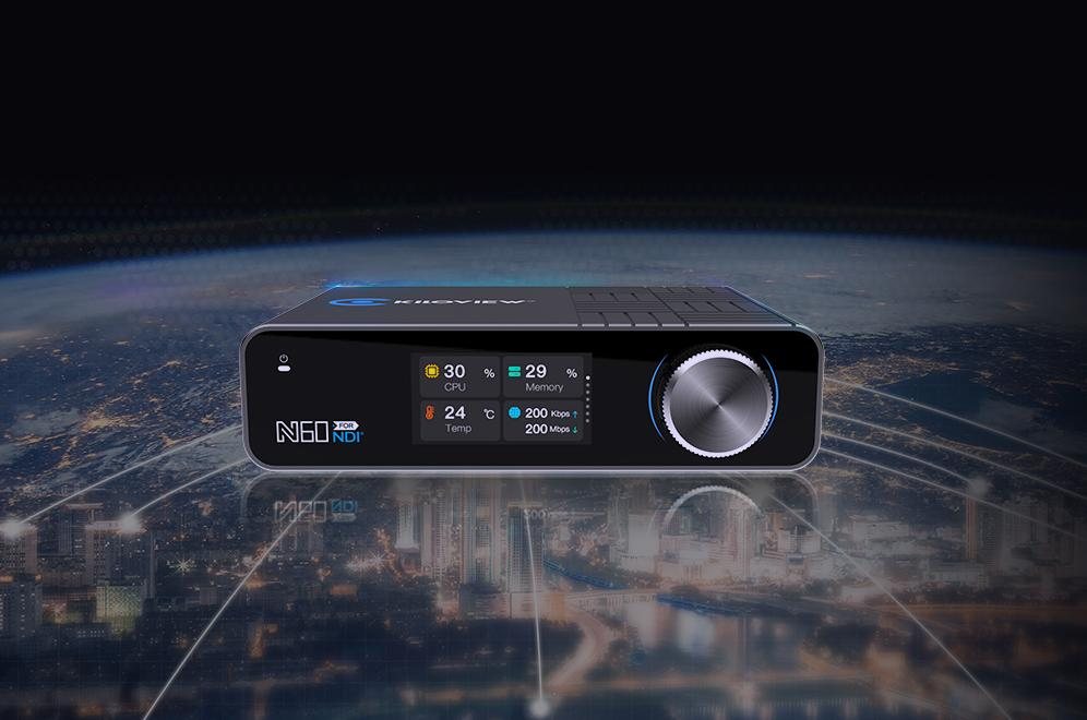 Kiloview N60 converter with its front status screen and control knob, shown against a dark network graphic