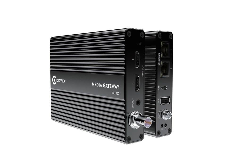 Kiloview MG300v2 media gateway, three-quarter view showing its SDI, HDMI, network and USB connections
