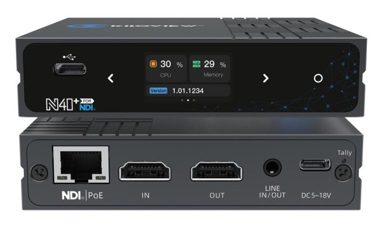 Kiloview N40 Plus, front and rear panels showing its status screen, network, HDMI in, HDMI out, audio and power connectors