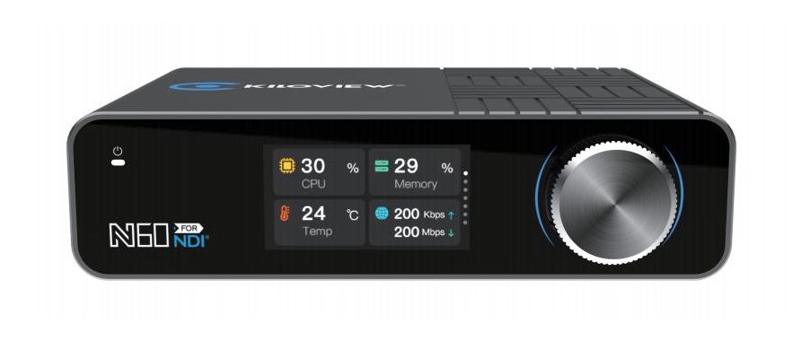 Kiloview N60 converter, front and rear panels showing its status screen, control wheel, network, HDMI and power connectors