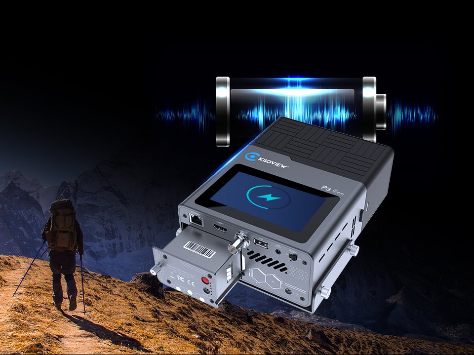 Kiloview P3 bonded encoder with its touchscreen and a removable cellular module, a hiker on a mountain ridge behind