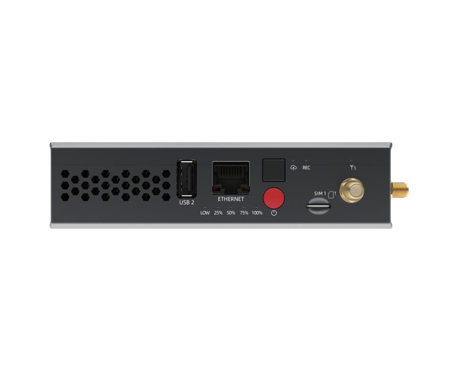 Kiloview P3 Mini bonded encoder, front three-quarter view with its touchscreen and antenna sockets