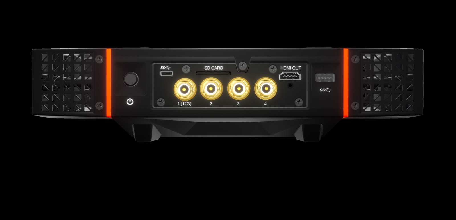 The rear connector panel of a LiveU LU800: four BNC SDI inputs with input 1 marked 12G, an SD card slot, an HDMI output and two USB ports
