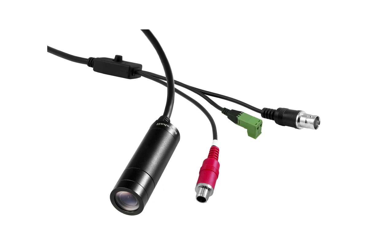 A Marshall CV228 lipstick camera with its breakout cable ending in BNC, control and power connectors