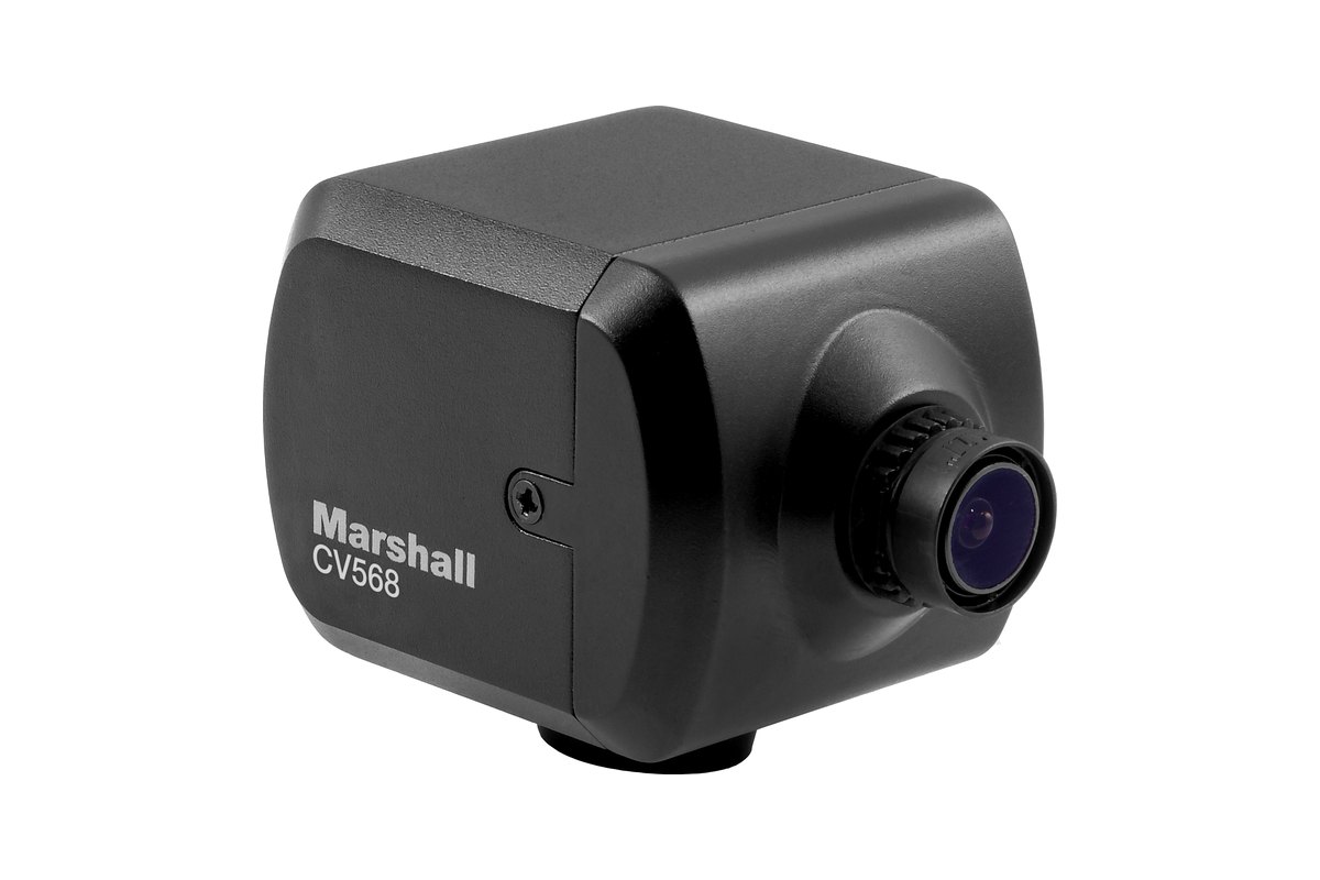 A black Marshall CV568 miniature camera, three-quarter view