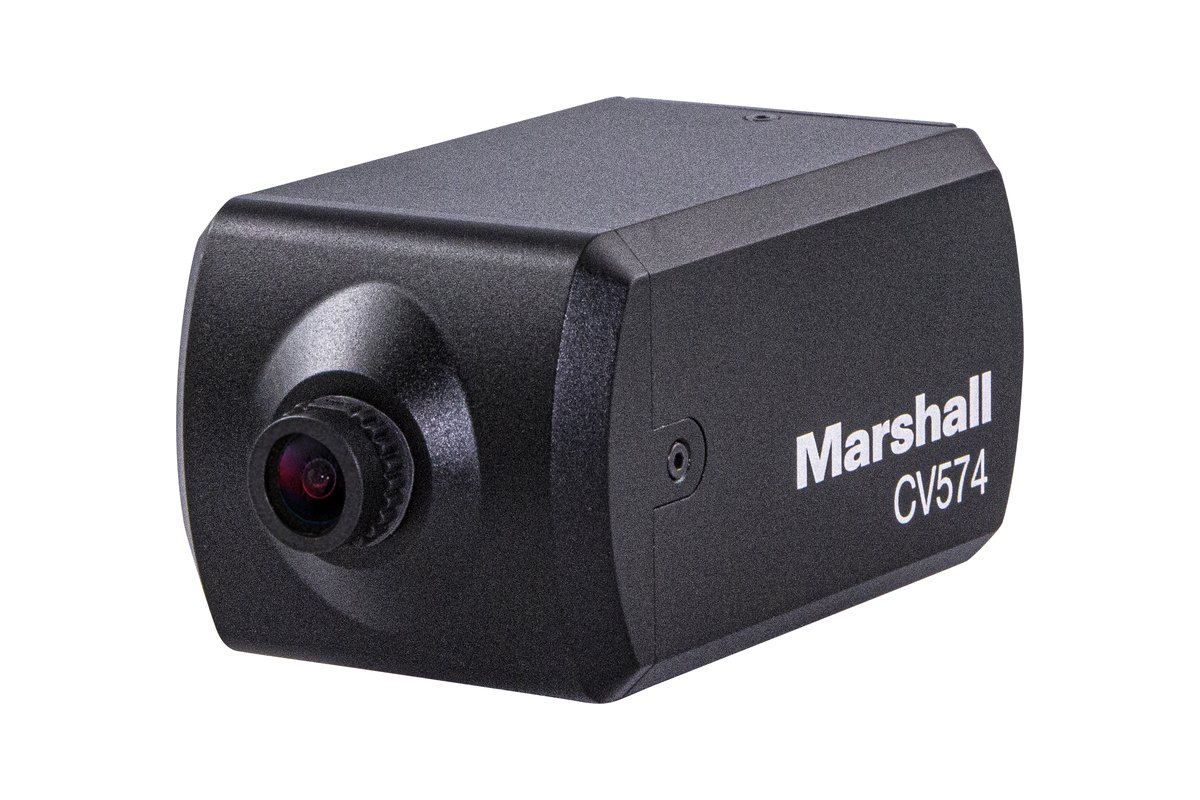A black Marshall CV574 miniature camera with a small M12 lens