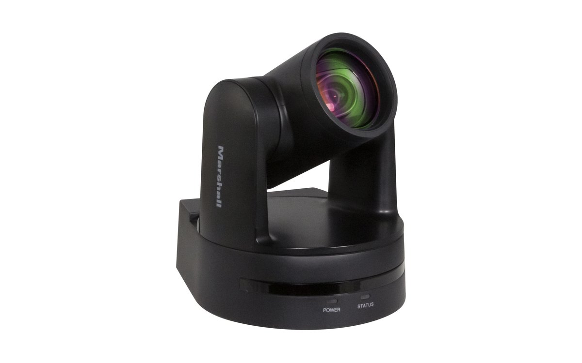 A black Marshall CV612 PTZ camera, three-quarter view