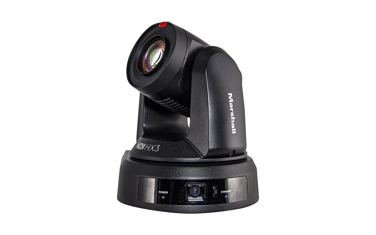 A black Marshall CV625 PTZ camera with a small fixed wide lens in its base