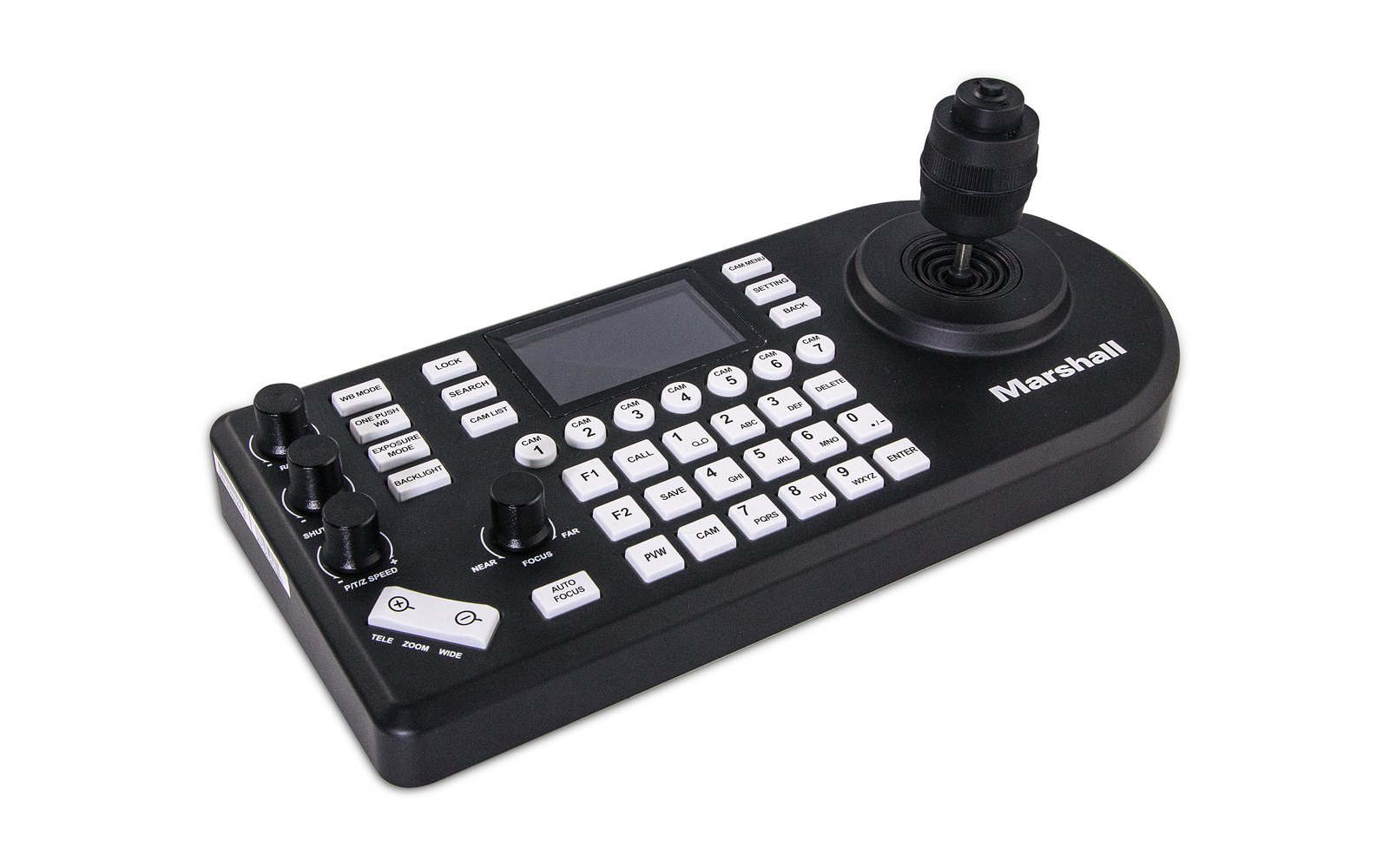 A black Marshall VS-PTC-300 PTZ controller with a joystick, a small screen and camera keys