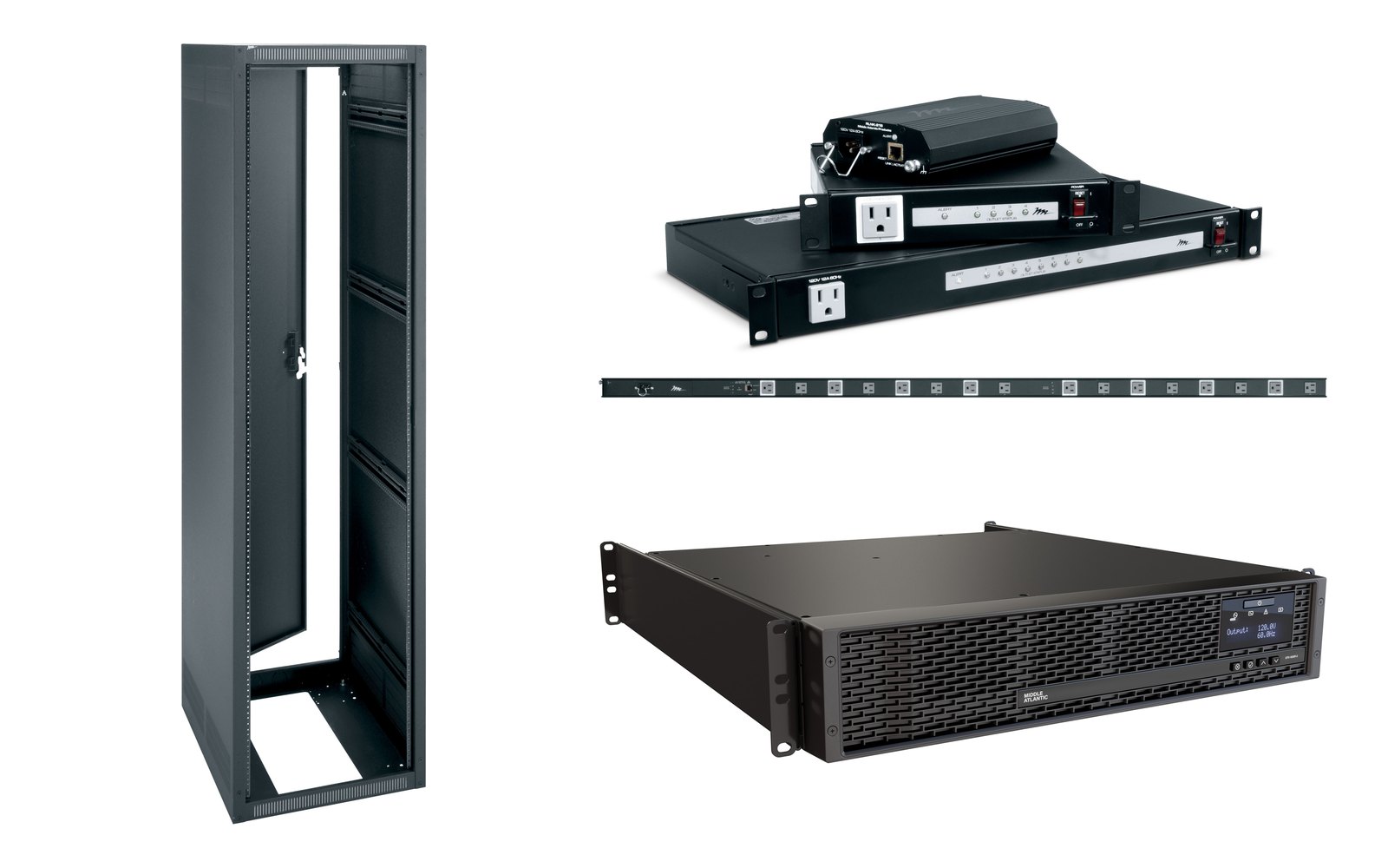 A Middle Atlantic ERK rack shown with Select Series PDUs with RackLink and a NEXSYS UPS