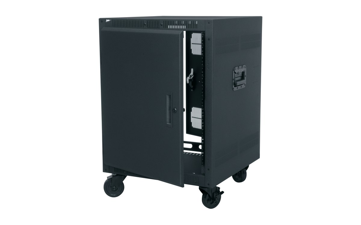 Middle Atlantic PTRK portable rolling rack with its front door open and locking casters