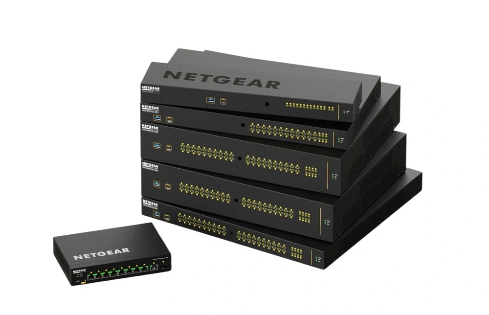 NETGEAR M4250 switches of several sizes stacked