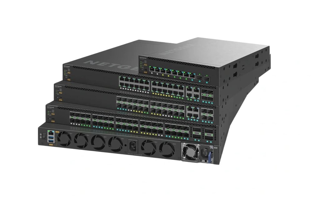 NETGEAR M4350 switches stacked, including multi-gigabit and fiber models