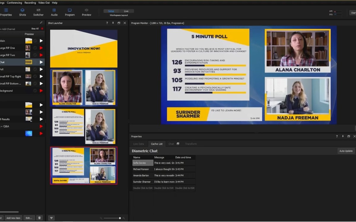 The NewBlue Captivate interface with a project list, shot thumbnails and a live poll graphic with two guest pictures on program