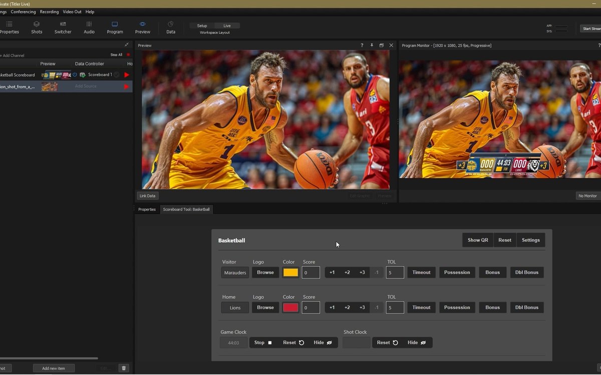 The NewBlue Captivate interface with a basketball scoreboard on the preview and program monitors and the scoreboard controls below