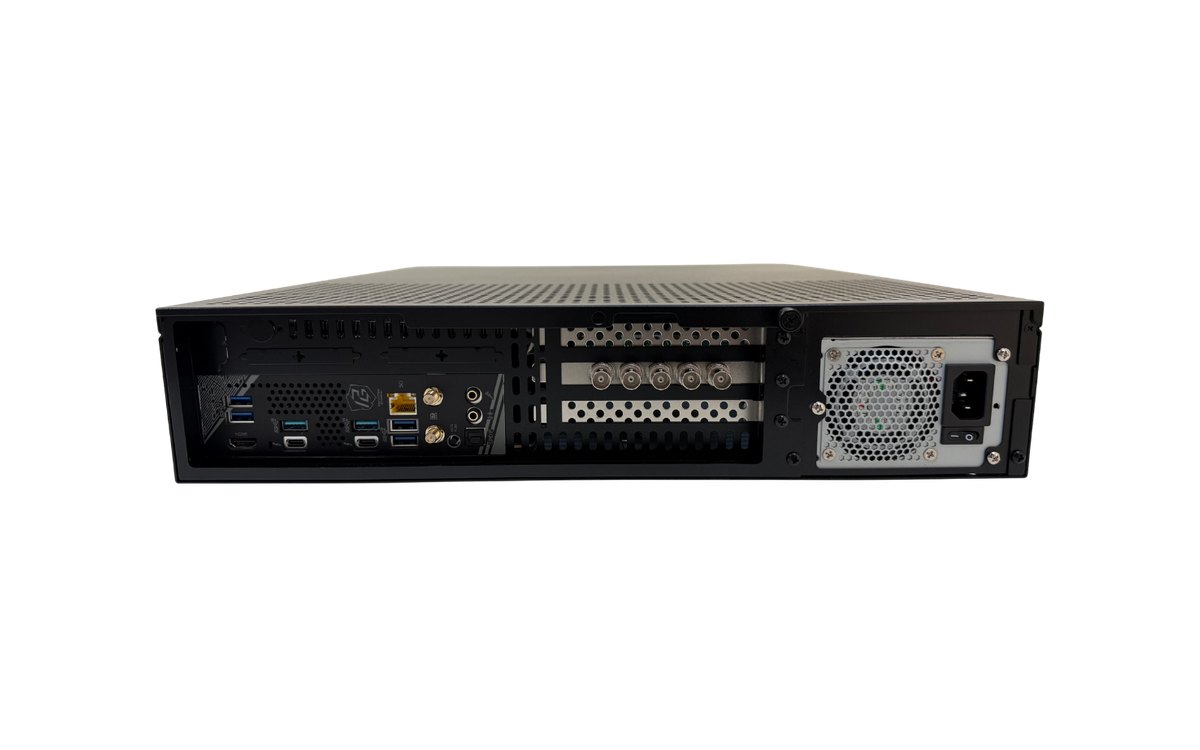 The rear of a NewBlue Fusion 2U graphics system with a video card fitted