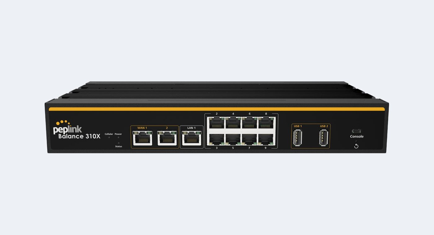 Peplink Balance 310X multi-WAN router, a fanless desktop chassis seen from the front