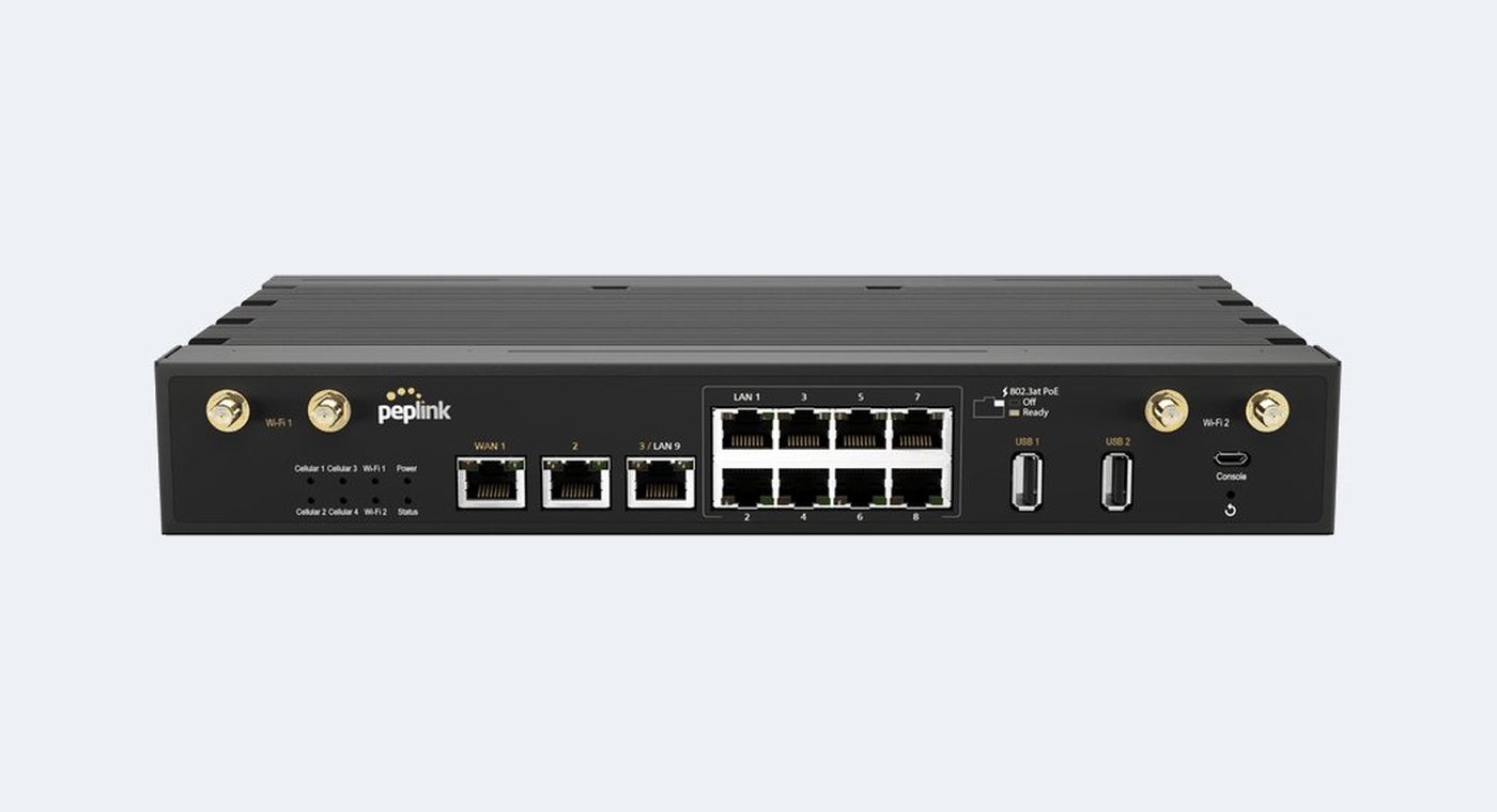 A Peplink MBX vehicle router, front view