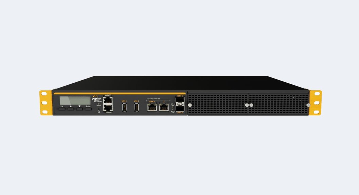A Peplink SDX Pro rackmount router, front view